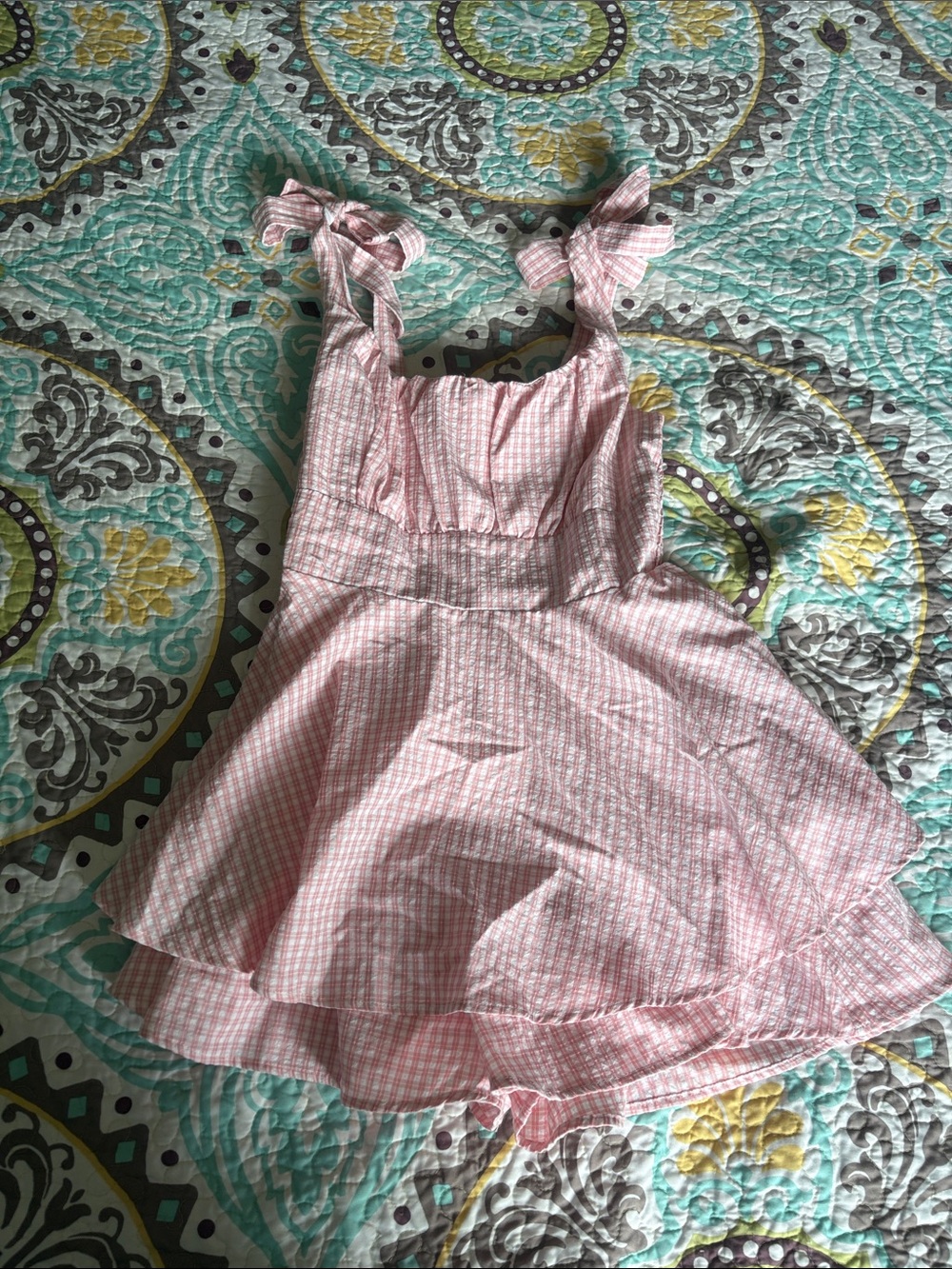 Altar'd State Pink Gingham Smocked Sundress with Tie Straps